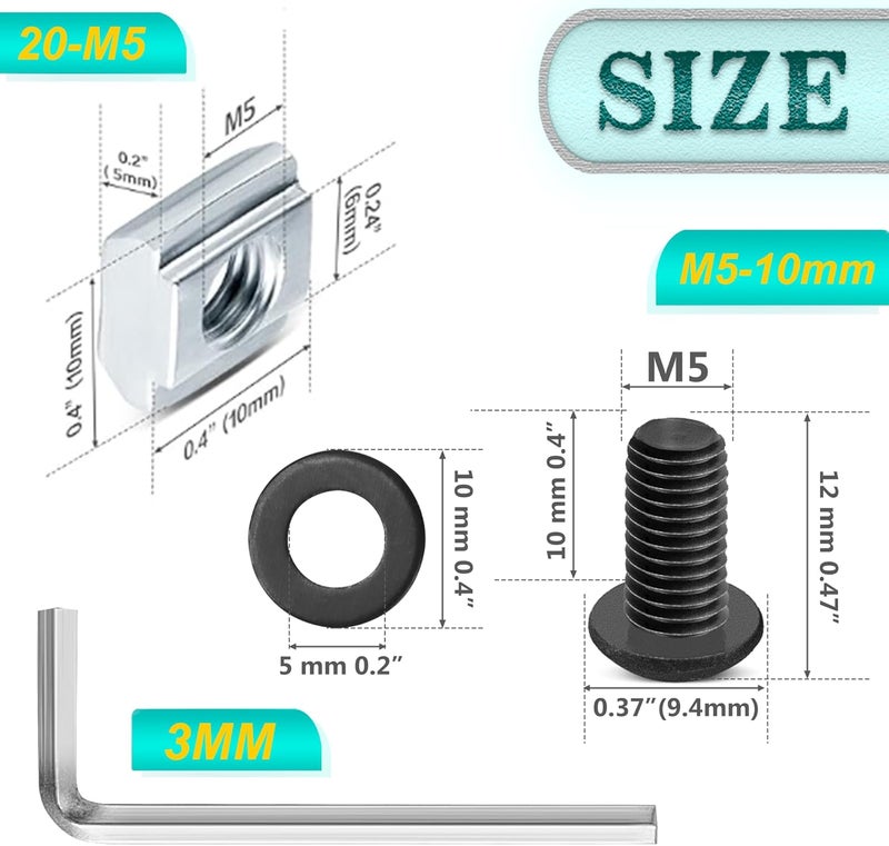 PETOX 30 Set Black 2020 Series Aluminum Extrusion Profile Connector, Includes 1pc Wrench, 30pcs 2028 Corner Bracket, 60pcs T-Slot Sliding Nuts and M5 Hex Screw Bolt for 20S Aluminum Rail Accessories - Image 5